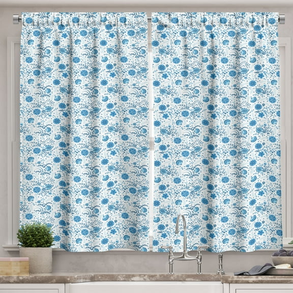 Ambesonne Folk Floral Kitchen Curtains, Ethnic Aquatic Flowers, 55"x24", Sea Blue and White