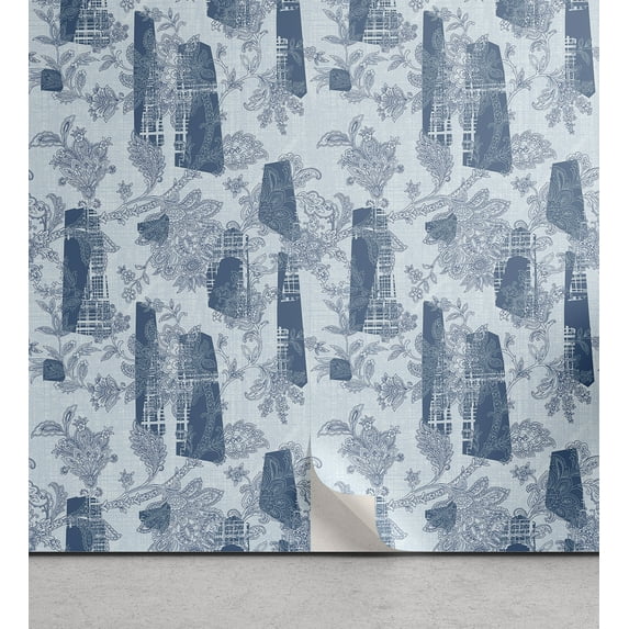 Ambesonne Folk Floral Peel & Stick Wallpaper for Home, Boho Flowers Geometric, 13"x72", Pale Blue and Dark Sky Blue