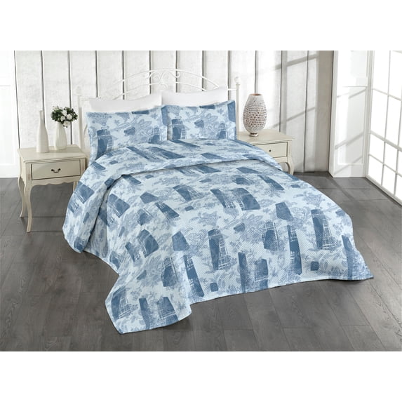 Ambesonne Folk Floral Quilted Bedspread Set 3 Pcs, Boho Flowers Geometric, Queen, Pale Blue and Dark Sky Blue