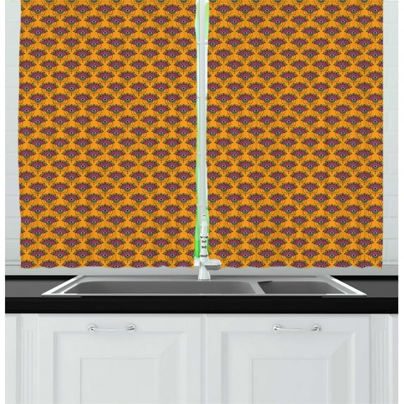 Ambesonne Folk Kitchen Curtains, Colorful Oriental Ornaments, 55"x45", Orange and Multicolor