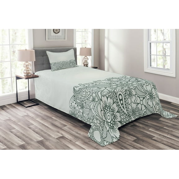 Ambesonne Folk Quilted Bedspread Set 2 Pcs, Outline Wildflowers and Leaves, Twin Size, White Green