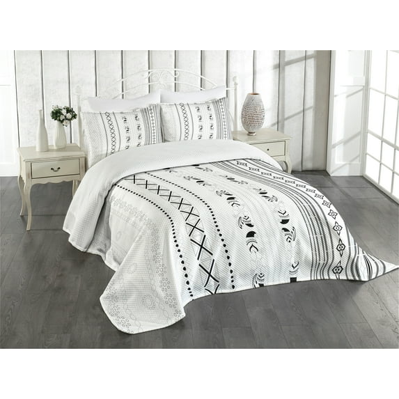 Ambesonne Folk Quilted Bedspread Set 3 Pcs, Eastern Style Vertical Stripes, King Size, White Black