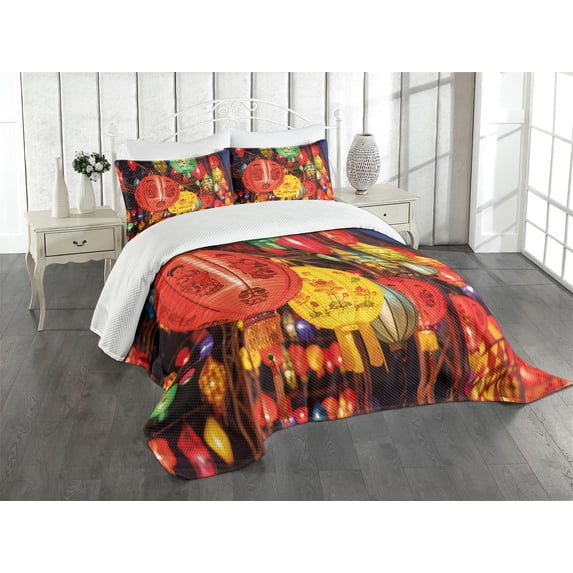 Ambesonne Folk Quilted Bedspread Set 3 Pcs, Focused Photo Chinese New Year, Queen Size, Multicolor