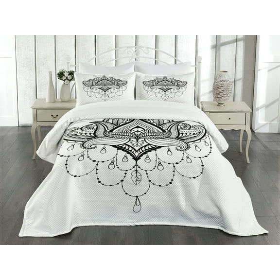 Ambesonne Folk Quilted Bedspread Set 3 Pcs, Lotus Flower Culture, Queen Size, White Black