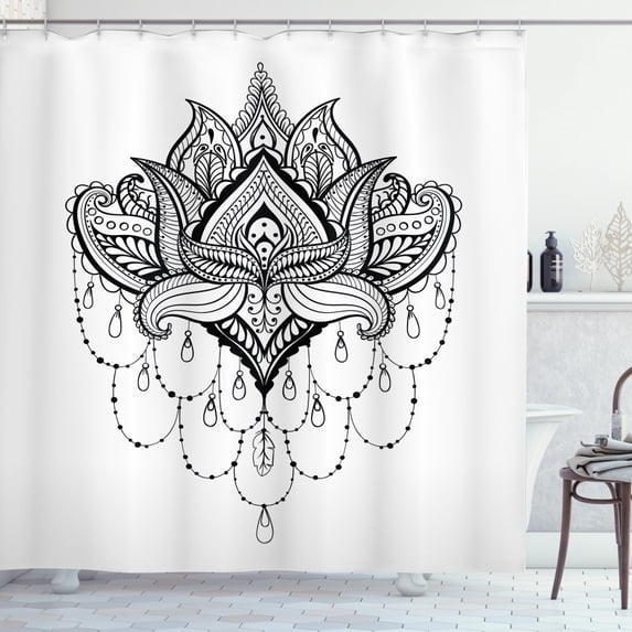 Ambesonne Folk Shower Curtain, Lotus Flower Culture, 69"Wx70"L, White Black