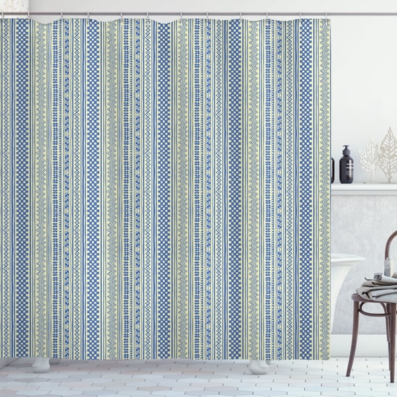 Ambesonne Folk Shower Curtain, Vertical Chevrons and Strips, 69"Wx70"L, Green Dark Ceil Blue