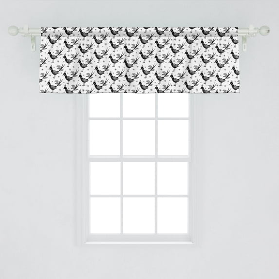 Ambesonne Folk Window Valance, Monotone Interpretation of Ornate Birds with Floral Botanical Details, Curtain Valance for Kitchen Bedroom Decor with Rod Pocket, 54" X 18", Charcoal Grey and White