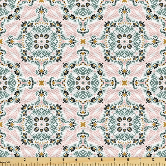 Ambesonne Folkloric Fabric by the Yard Upholstery, Oriental Spring Damask, 1 Yard, Rose and Pale Teal