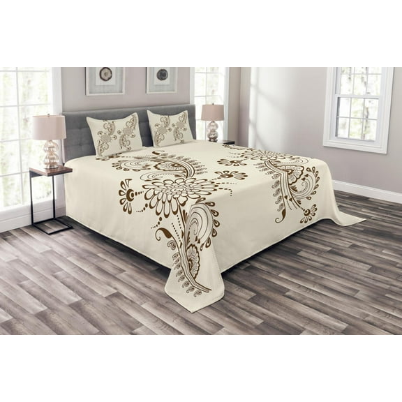 Ambesonne Folkloric Quilted Bedspread Set 3 Pcs, South Pattern, Queen Size, Brown and Cream