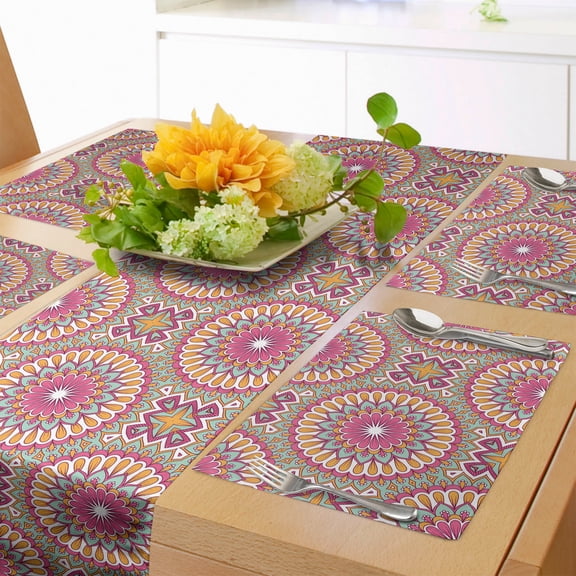 Ambesonne Folkloric Table Runner & Placemats, South Eastern Floral Art, Placemat 4 pcs + Runner 14"x90", Pink Mint Green Marigold