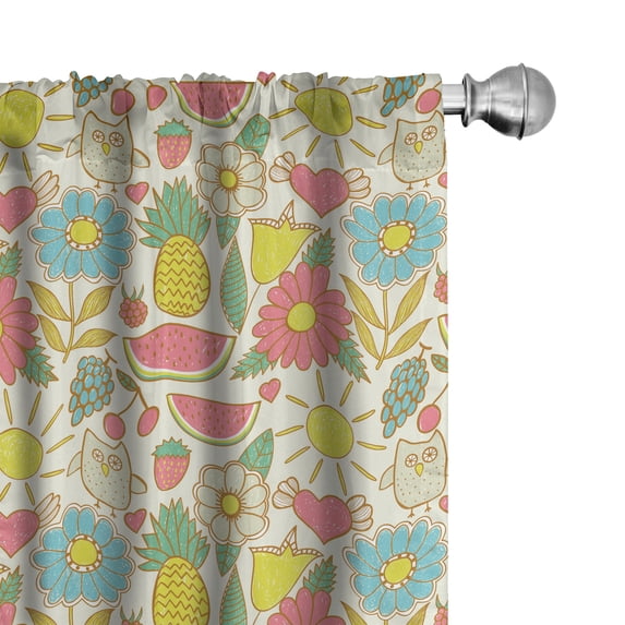 Ambesonne Food Window Curtains, Flowers Fruits Sun Owl Heart, Each 28" W x 84" L, Eggshell Multicolor