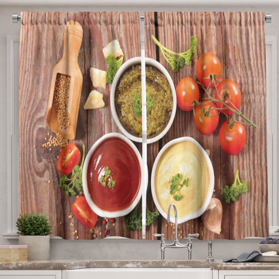 Ambesonne Food Art Kitchen Curtains, Ketchup Mustard Sauces, 55"x24", Red Green and Cream