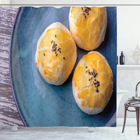 Ambesonne Food Art Shower Curtain, Chinese Moon Cake Sesames, 69"Wx75"L, Orange Lilac and Sea Blue