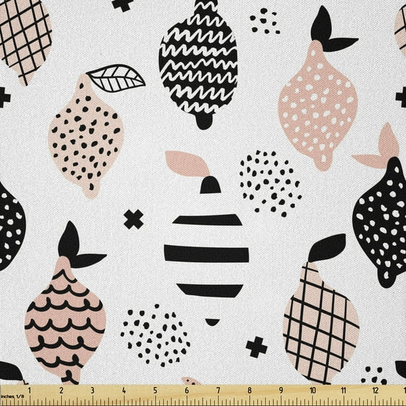 Ambesonne Food Fabric by the Yard Microfiber, Pastel Sketchy Lemons Motif, 5 Yards, Blush Charcoal Grey and White