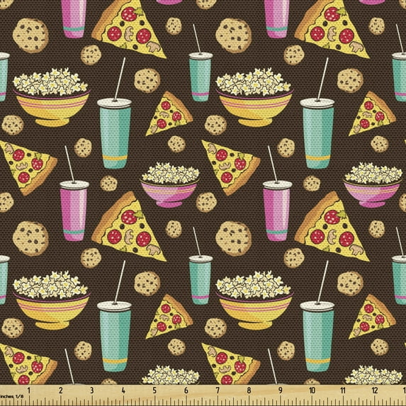Ambesonne Food Fabric by the Yard Upholstery, Drinks Pizza Cookies Popcorn, 5 Yards, Dark Brown Multicolor