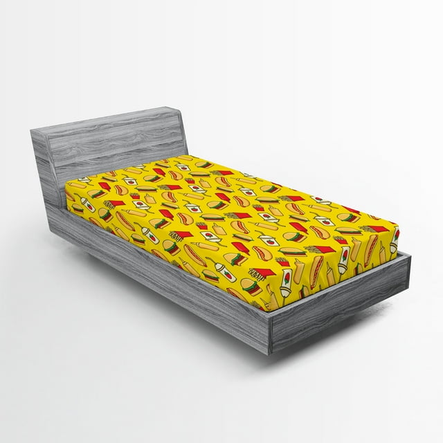 Ambesonne Food Fitted Sheet, Funny Cartoonish Fast Food, Twin XL Size, Yellow Multicolor