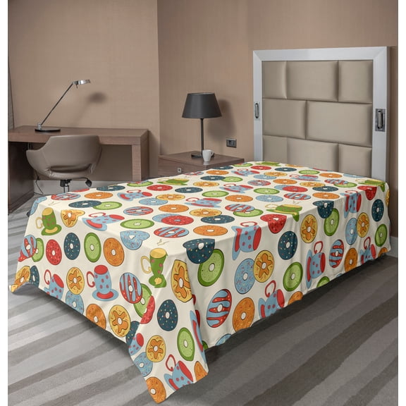 Ambesonne Food Flat Sheet, Donuts and Cups of Hot Drink, Twin Size, Eggshell and Multicolor