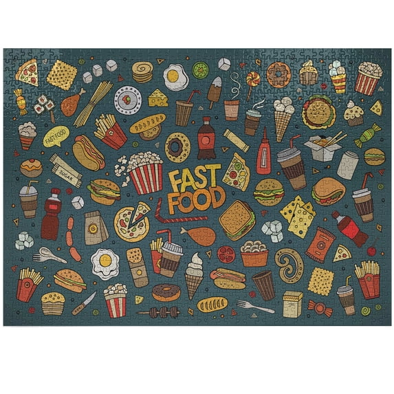 Ambesonne Food Jigsaw Puzzle Durable Cardboard, Fast Food Tiny Doodles Tasty, 1000 pcs, Multicolor