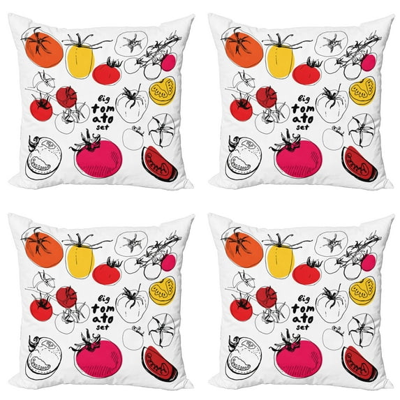 Ambesonne Food Throw Pillow Cover 4 Pack, Vivid Sketched Tomatoes, 24", Multicolor