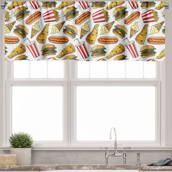 Ambesonne Food Valance Pack of 2, Energetic Fast Food Cartoon, 42"X18", Multicolor