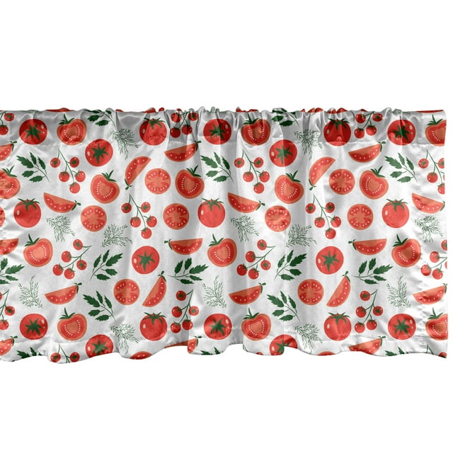 Ambesonne Food Window Valance, Tomatoes and Branch Leaves, 54" X 12", Vermilion and White
