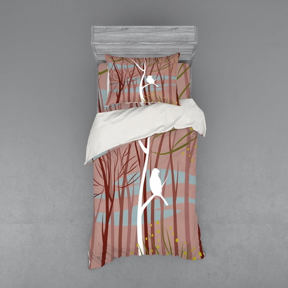 Ambesonne Forest Bedding Set 3 Pcs, Bird on Leafless Branch, Twin XL, Multicolor