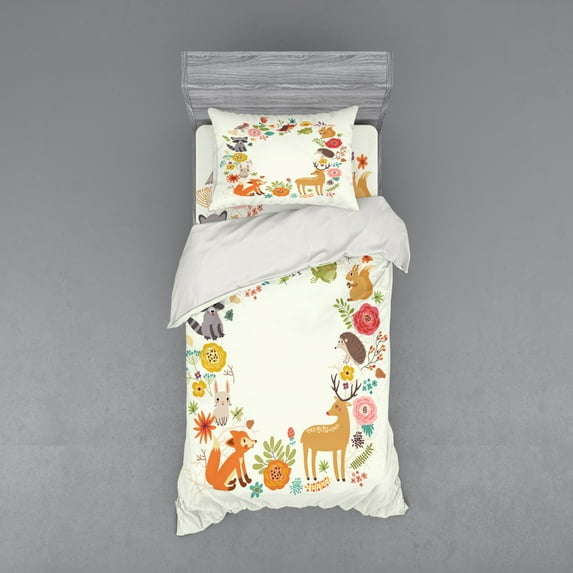 Ambesonne Forest Bedding Set 3 Pcs, Cartoon Wildlife Pattern, Twin, Multicolor