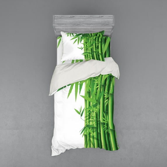 Ambesonne Forest Bedding Set 3 Pcs, Japanese Tree Leaf Artwork, Twin, White and Green