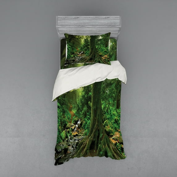 Ambesonne Forest Bedding Set 3 Pcs, Moss on Trees Stream, Twin XL, Green