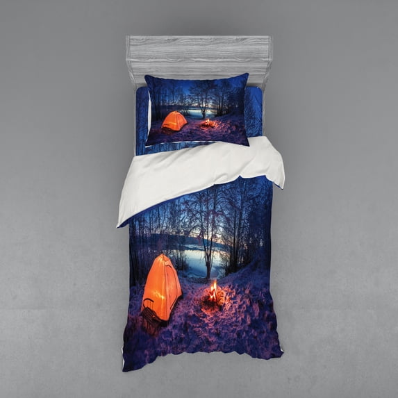 Ambesonne Forest Bedding Set 3 Pcs, Night Camping Adventure, Twin XL, Blue Orange