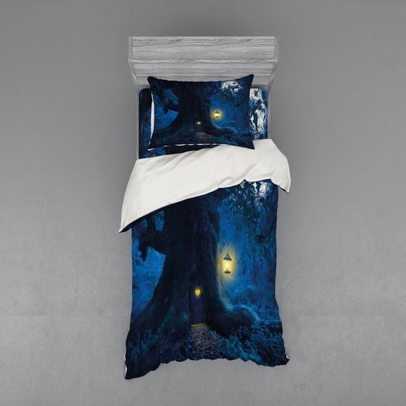 Ambesonne Forest Bedding Set 3 Pcs, Night Tree Home, Twin, Dark Night Blue Mustard