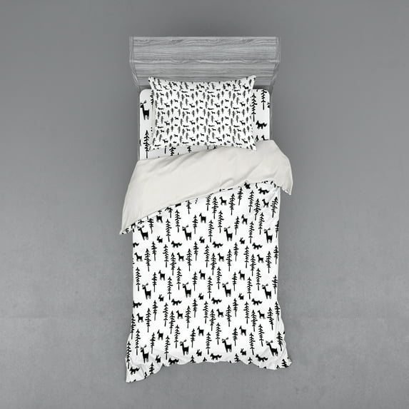 Ambesonne Forest Bedding Set 3 Pcs, Pine Trees Rabbit Animal, Twin, Black White