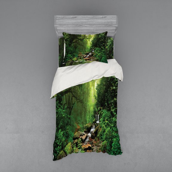 Ambesonne Forest Bedding Set 3 Pcs, Spring in Nepal Footpath, Twin, Green Brown