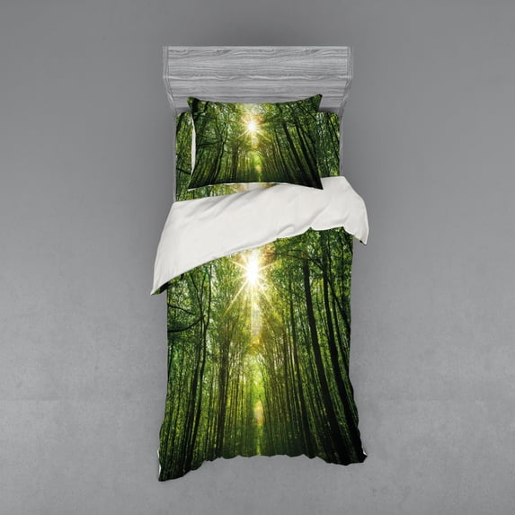 Ambesonne Forest Bedding Set 3 Pcs, Summer Trees Upward View, Twin, Fern Green and Yellow