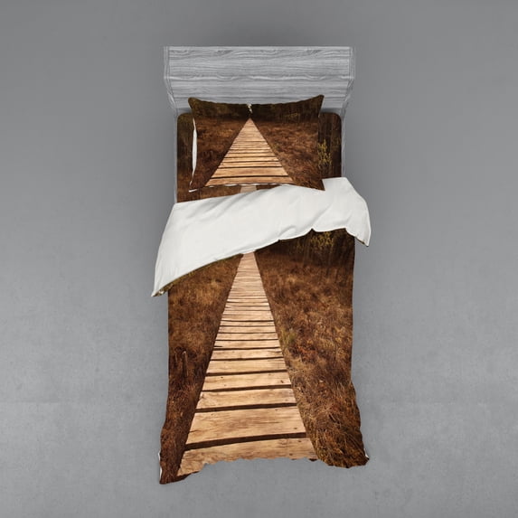 Ambesonne Forest Bedding Set 3 Pcs, Wooden Path Adventure, Twin, Brown Green