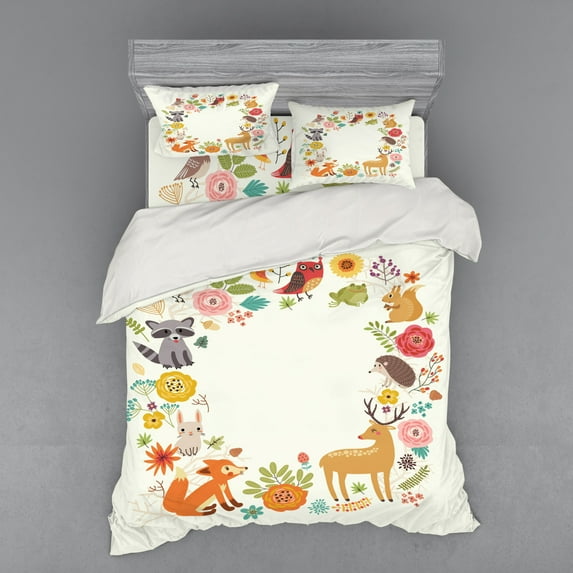 Ambesonne Forest Bedding Set 4 Pcs, Cartoon Wildlife Pattern, Queen, Multicolor