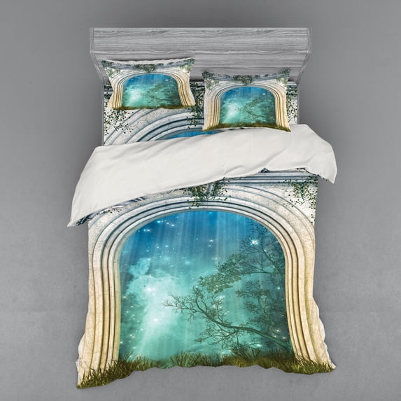 Ambesonne Forest Bedding Set 4 Pcs, Door Stars, Queen, Blue Beige