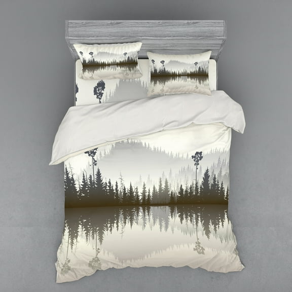 Ambesonne Forest Bedding Set 4 Pcs, Northern Nature Pattern, Queen, Cream Grey Brown