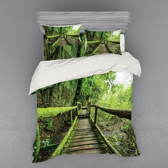 Ambesonne Forest Bedding Set 4 Pcs, Rainforest in Inthanon, Queen, Green Brown
