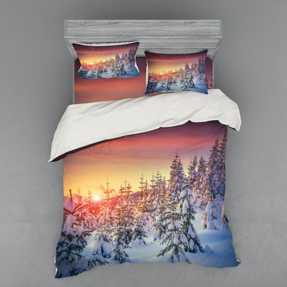 Ambesonne Forest Bedding Set 4 Pcs, Sunrise at Wintertime, Queen, White Red