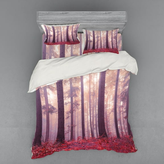 Ambesonne Forest Bedding Set 4 Pcs, Trees Foggy Sunlight, Queen, Lilac Dark Coral