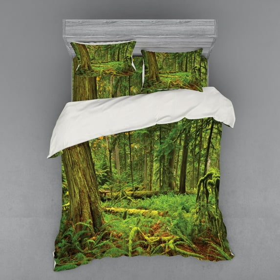 Ambesonne Forest Bedding Set 4 Pcs, Woodland Bushes Moss, Queen, Green