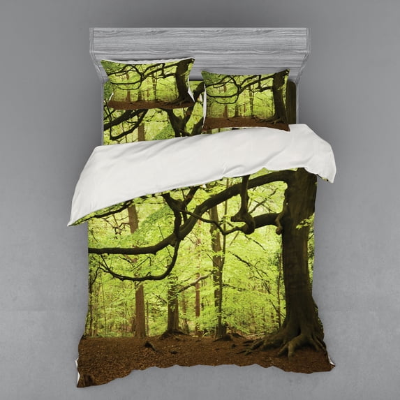 Ambesonne Forest Bedding Set 4 Pcs, Woodland Natural Beauty, Queen, Green Brown