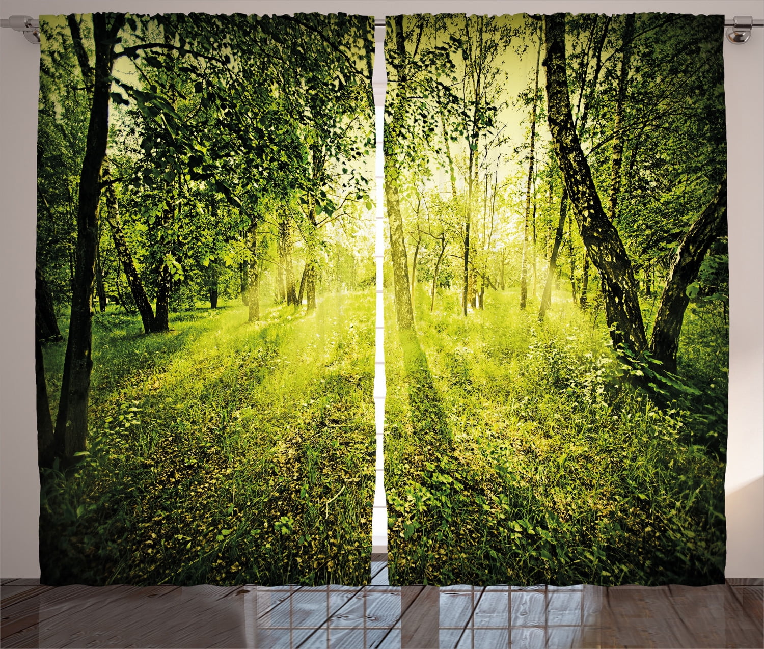 Green Forest Polyester Light-Filtering Rod Pocket Curtain Panels