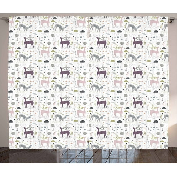 Ambesonne Forest Curtains 2 Panel Set, Woodland Deer Leaves, 108" x 96", Multicolor
