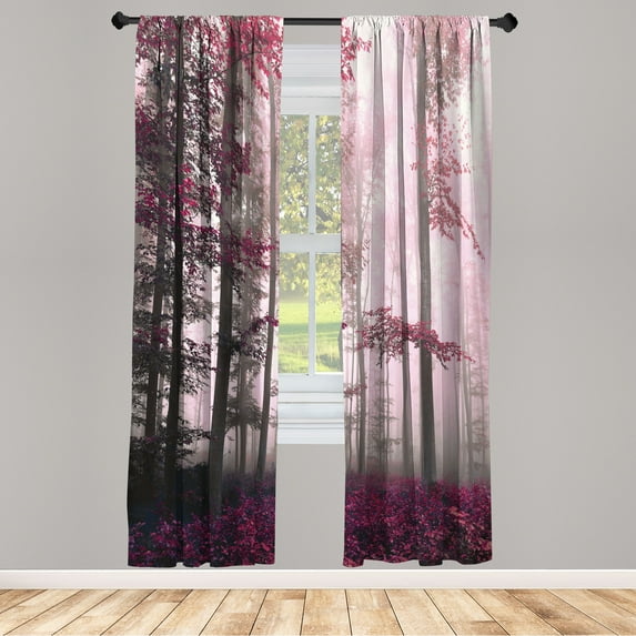 Ambesonne Forest Curtains, Autumnal Fall Nature Woods, Pair of 28"x84", Magenta White