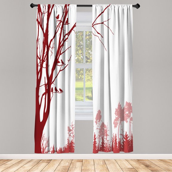Ambesonne Forest Curtains, Nature Panorama Forest Print, Pair of 28"x84", Burgundy White