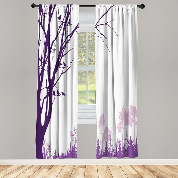 Ambesonne Forest Curtains, Nature Panorama Forest Print, Pair of 28"x95", Purple White