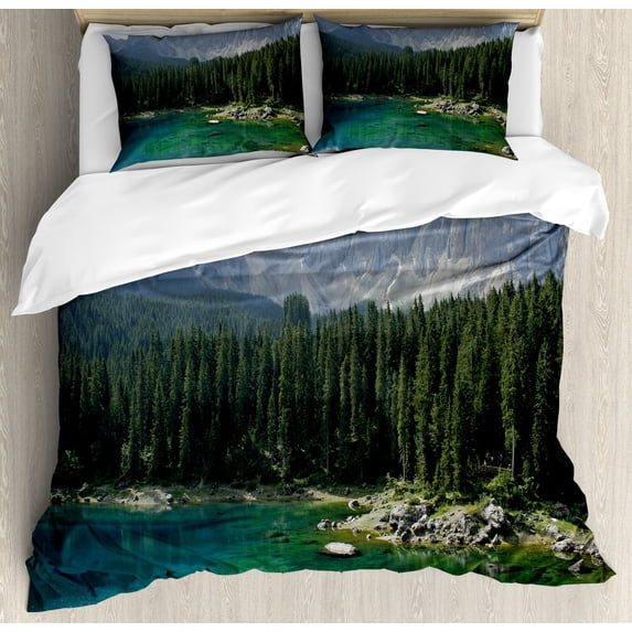 Ambesonne Forest Duvet Cover Set, Aerial View Pines Lake, King, Dark Green Jade Green