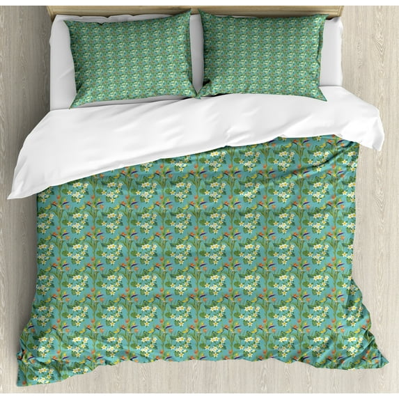 Ambesonne Forest Duvet Cover Set, Blossoms Field Jungle Art, 2-Calking, Blue and Multicolor